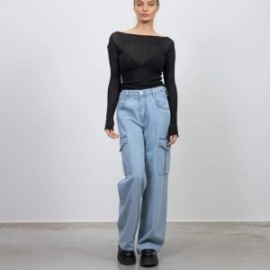 Highwaist Wide Leg Jeans/Denim Light Wash Cargo For Female/Girls