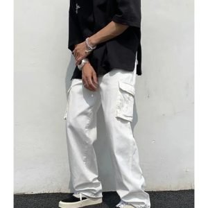 Unisex White Wide Leg Denim Cargo