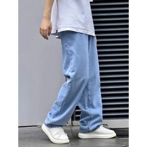 Unisex Wide Leg Ice Blue Korean Pattern Denim