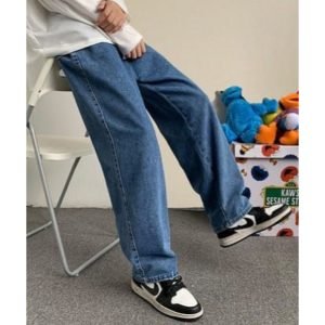 Unisex Korean Baggy Loose Leg Denim Mid Blue