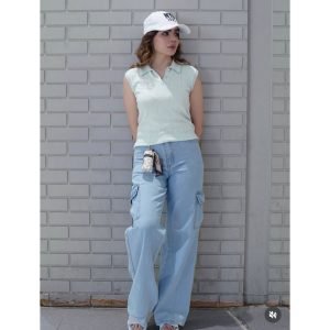 Highwaist Wide Leg Jeans/Denim Mid Wash Cargo For Female/Girls