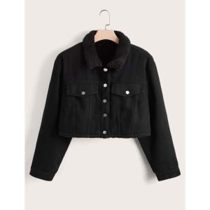 Crop Denim Jacket (Black Collar Fur)