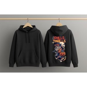 Graphic Dropshoulder Oversize Hoodie (Chills & Thrills) Charcoal