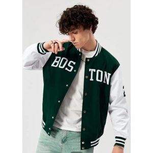 Old School Slogan Varsity Jacket - Green