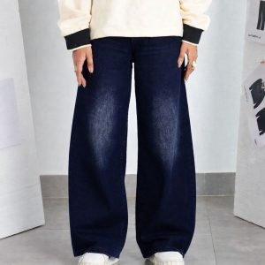 Unisex Wide Leg Navy Washed Denim-Jeans/Loose Wide Leg