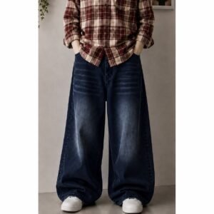 Unisex Wide Leg Navy Washed Denim-Jeans/Loose Wide Leg
