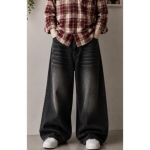 Unisex Wide Leg Black Blast Denim-Jeans/Loose Wide Leg