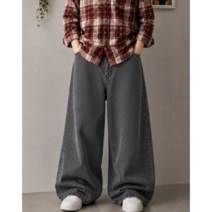 Wide Leg Charcoal-Grey Denim-Jeans/Loose Wide Leg